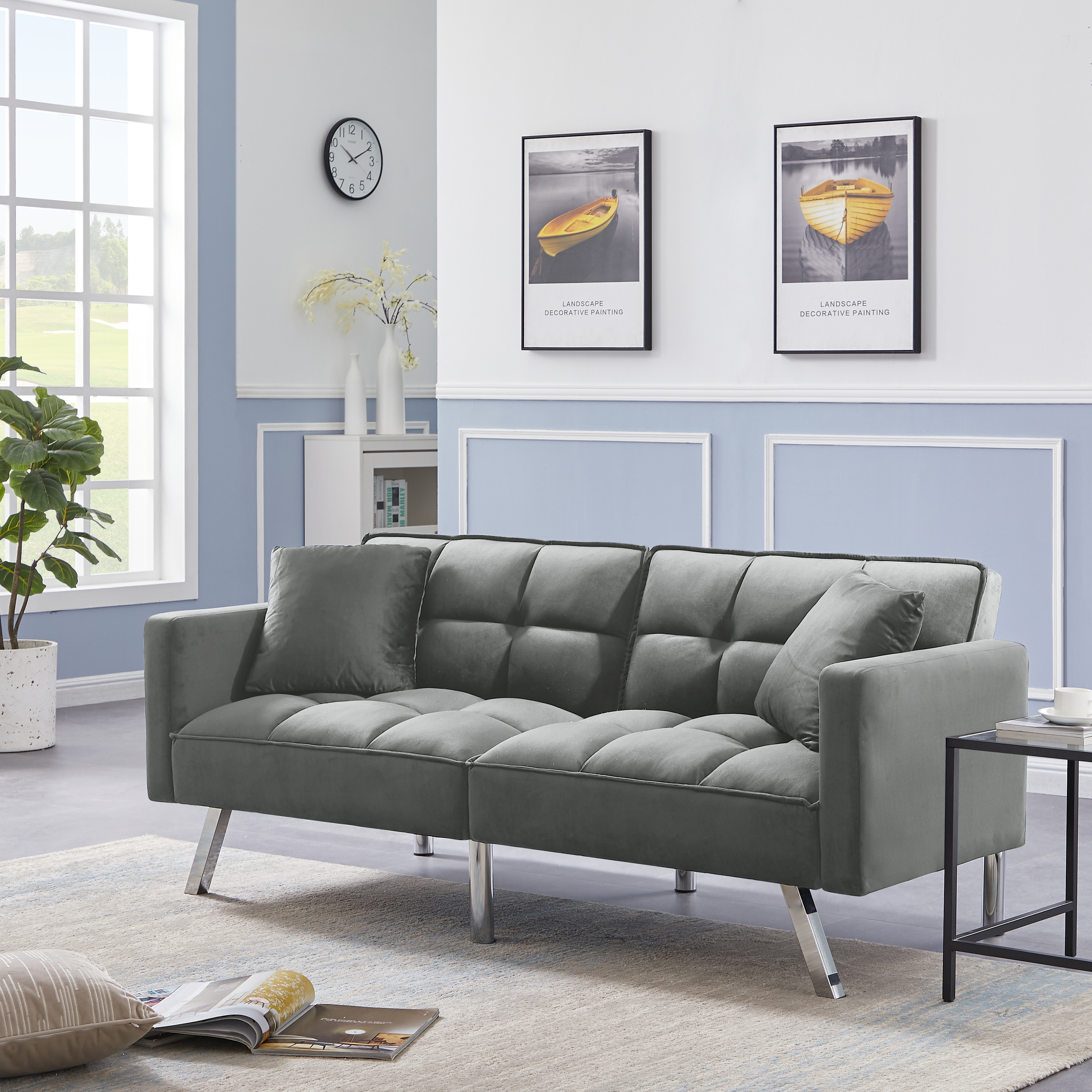 Modern Loveseat Adjustable Tilt Backrest Metal Sofa Convertible Sleeper Velvet Upholstered Sofa Furniture With Pillows