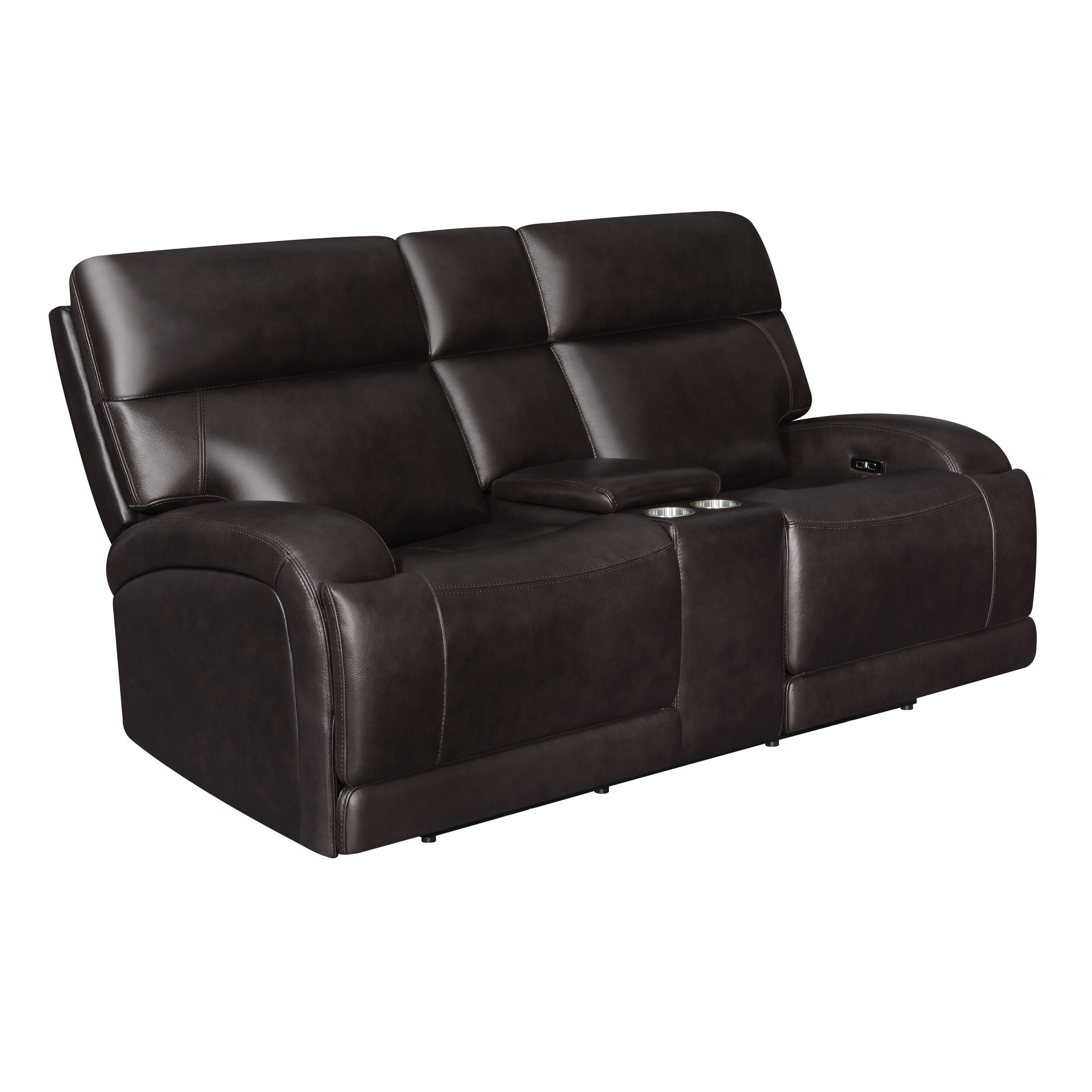 Poe 78 Inch Power Recliner Loveseat  Console  Armrests  Real Brown Leather