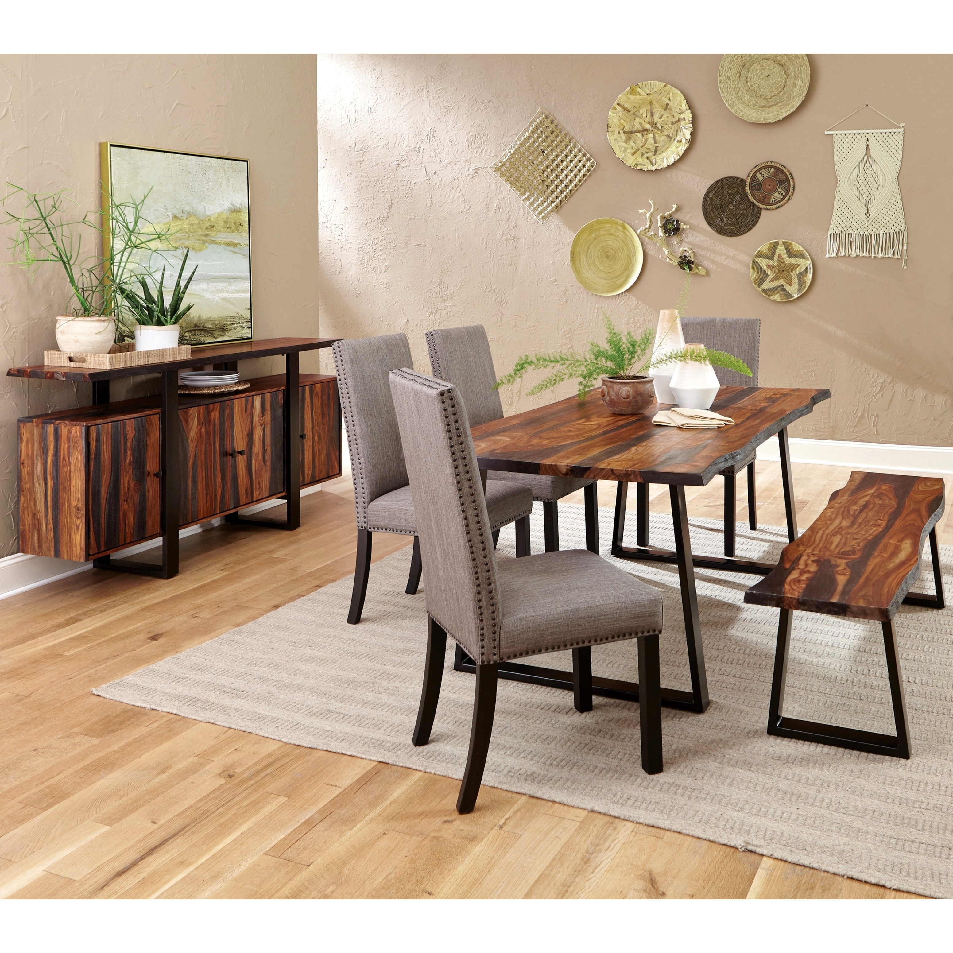 Live Edge Wood And Metal Dining Set With Grey Upholstered Chairs And Buffet Server