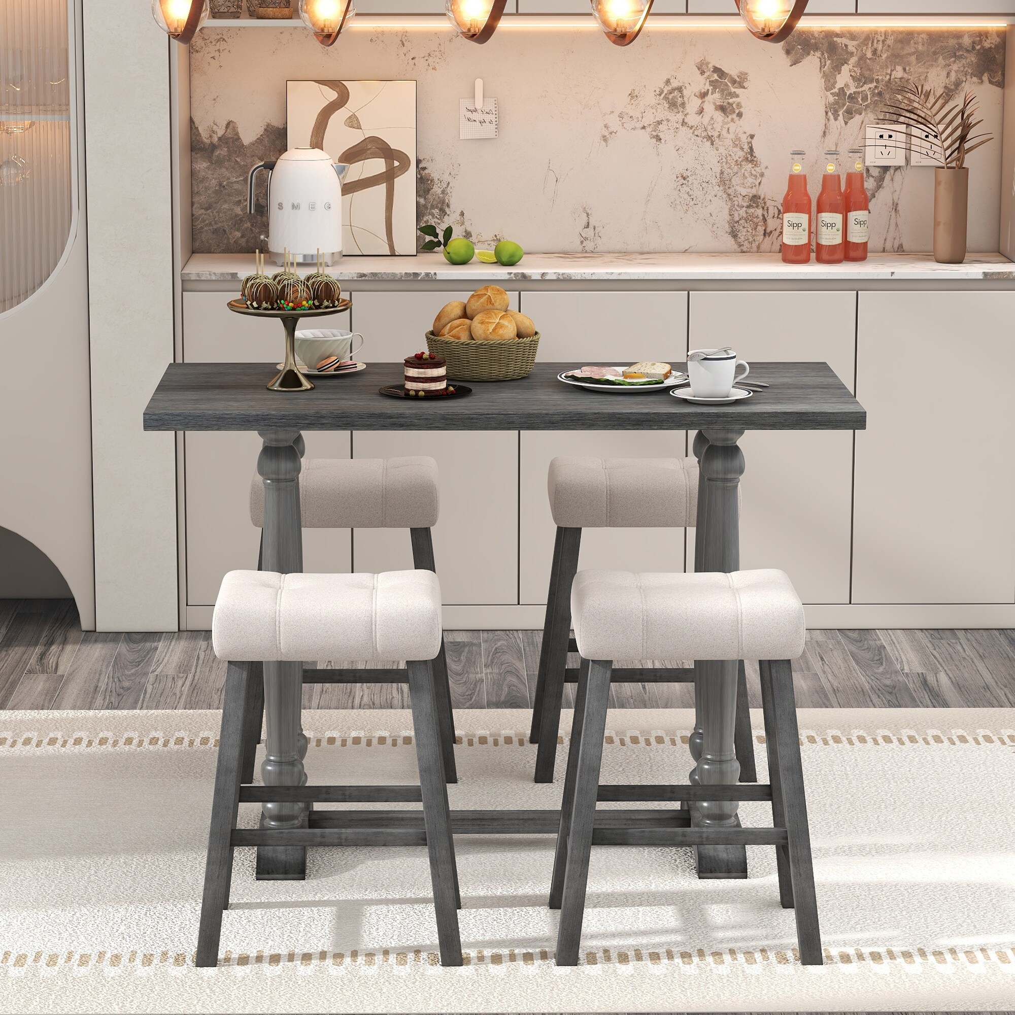 5-piece Dining Table Set Breakfast Nook Set With Trestle Base Table And 4 Upholstered Stools For Pub And Bistro  Gray