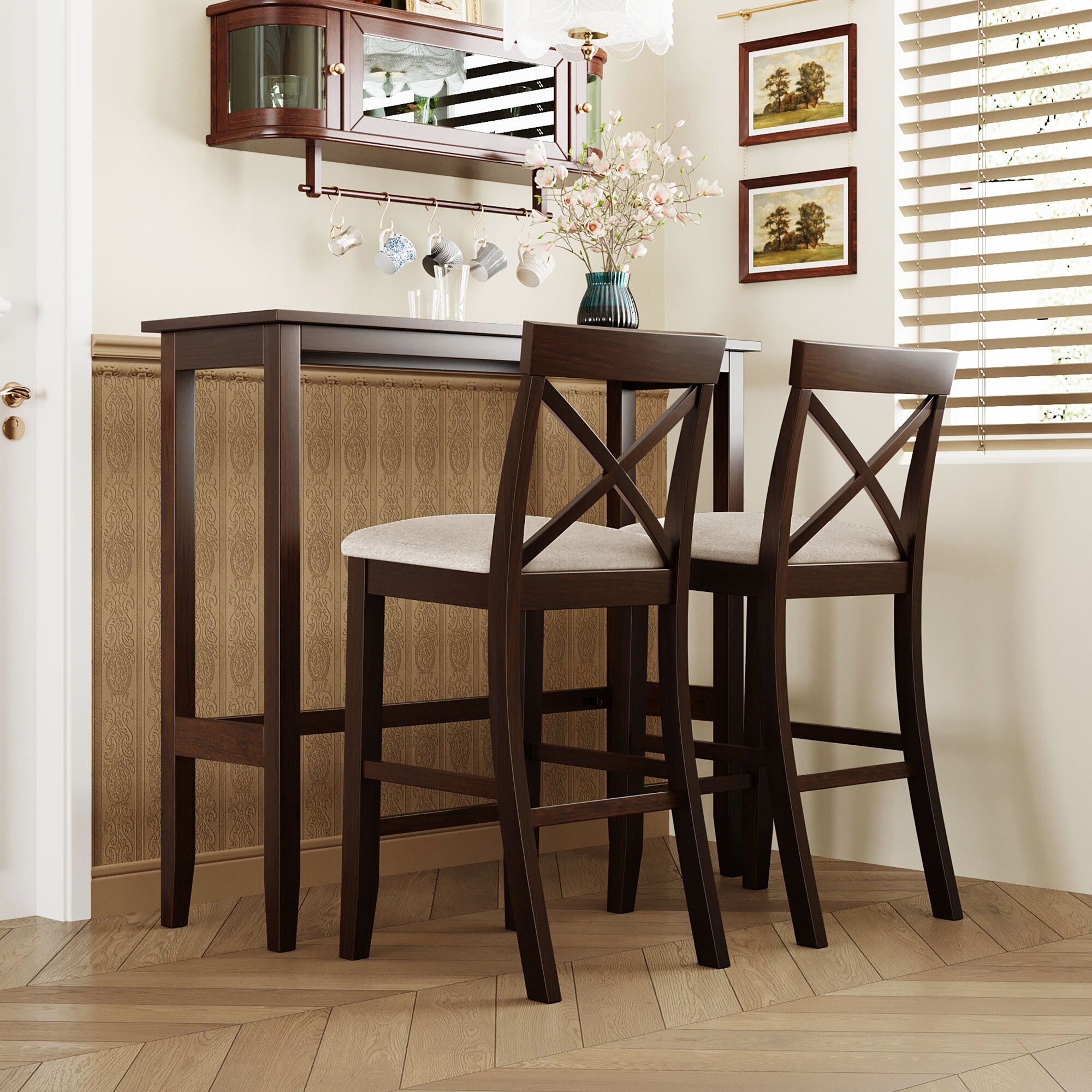 3-piece Farmhouse Solid Wood Bar Height Dining Set  48 Rectangular Dining Table  2 Chairs With Padded Seat And Footrest