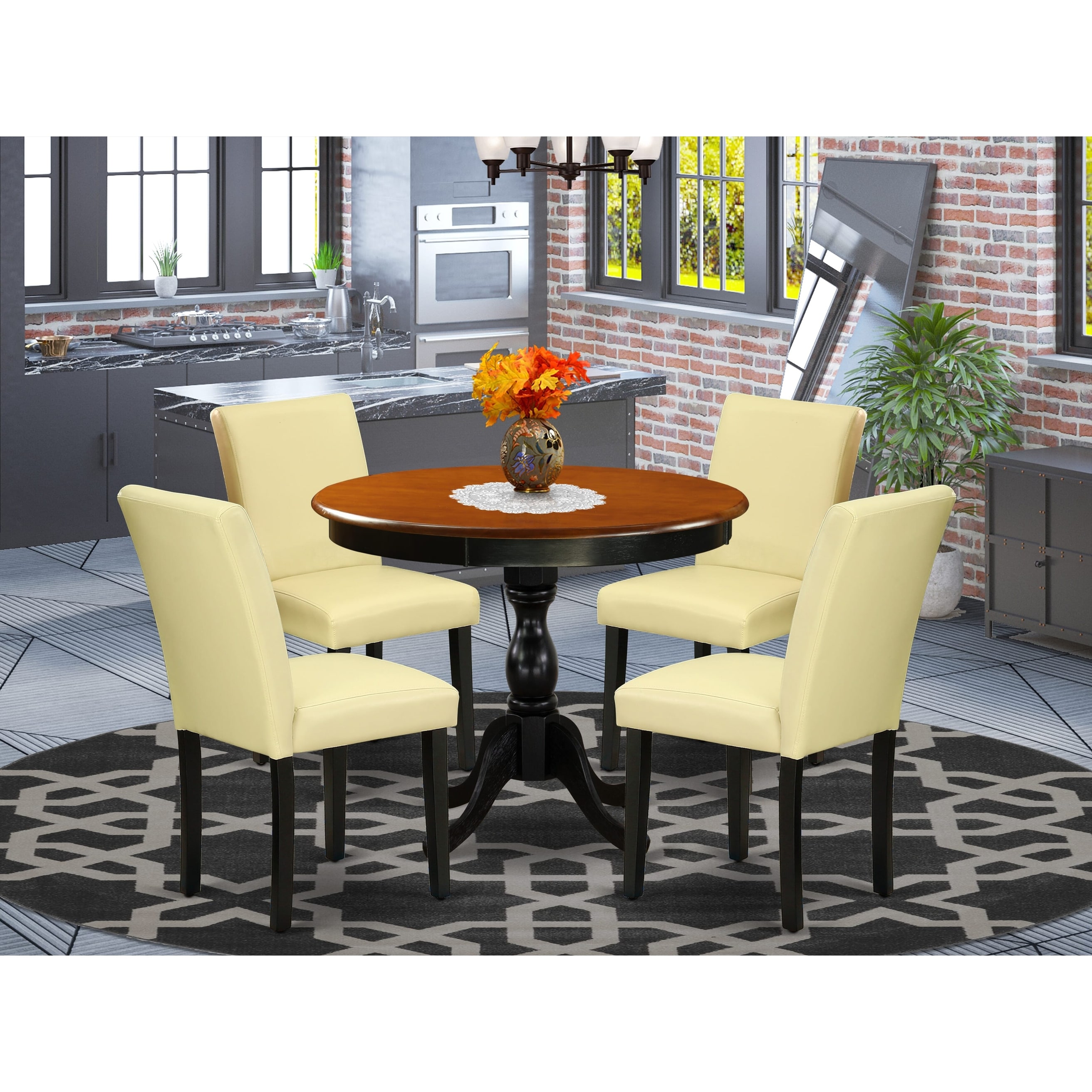 East West Furniture Kitchen Table Set- A Round Dining Table And 4 Parsons Chairs  Black and Cherry(upholstered and Pieces Options)