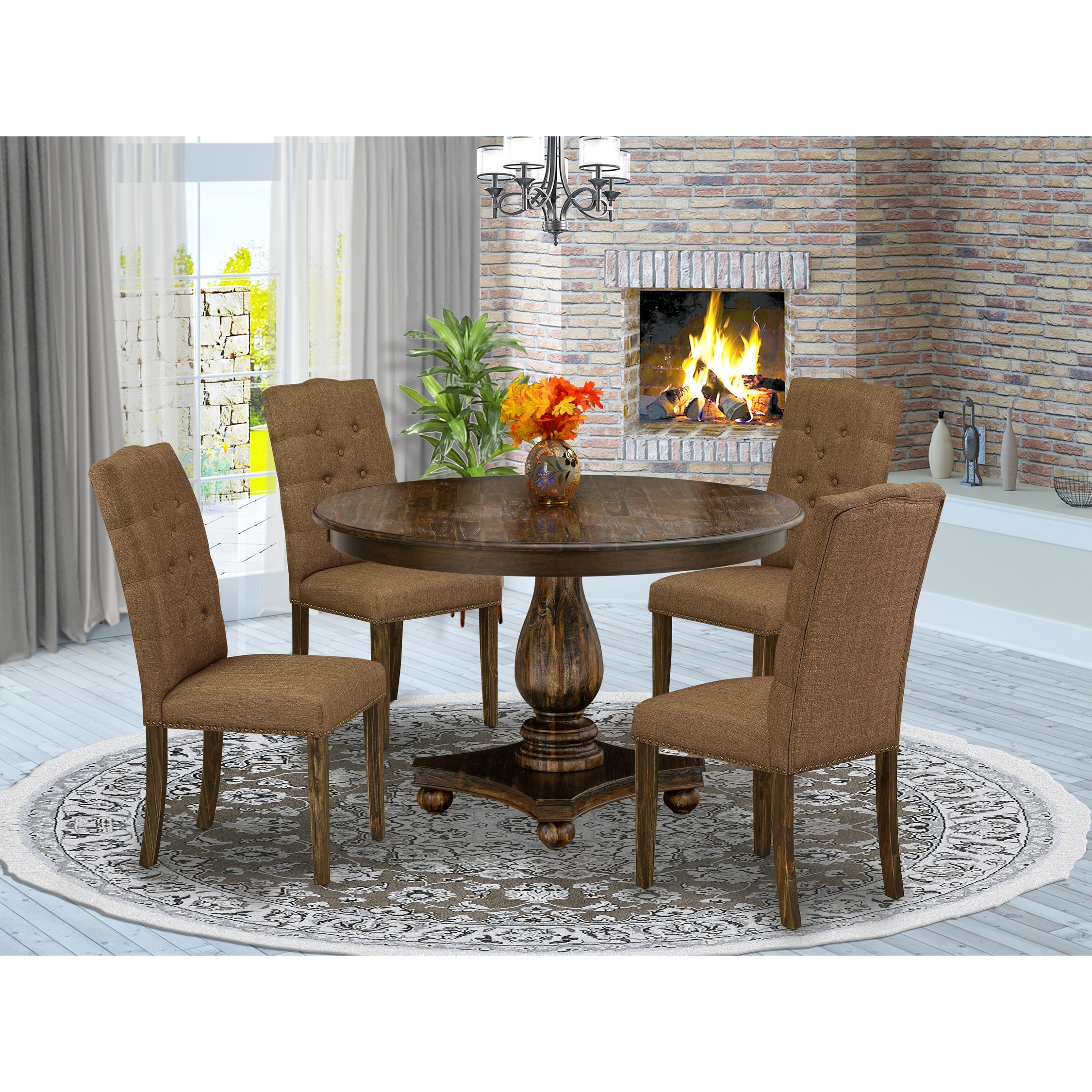 East West Furniture Kitchen Table Set- A Round Dining Table And Brown Linen Fabric Chairs  Distressed Jacobean (pieces Option)