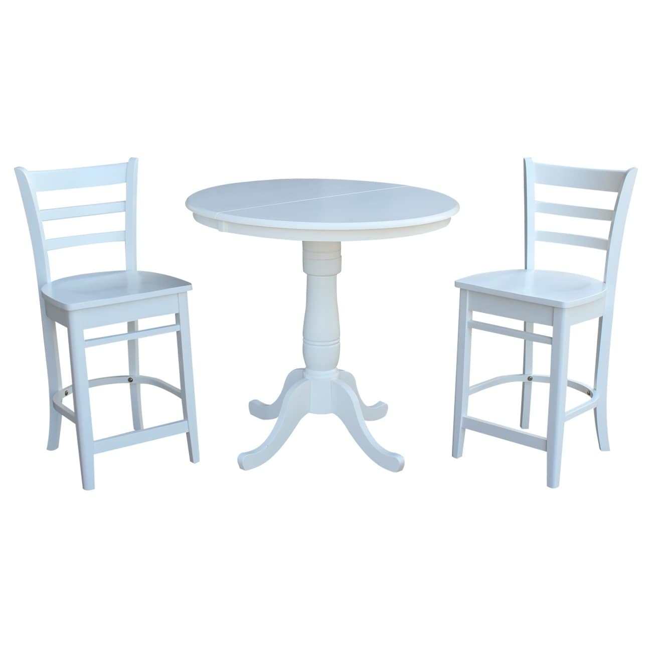 36 Round Extension Dining Table 34.9h With 2 Emily Counterheight Stools - White