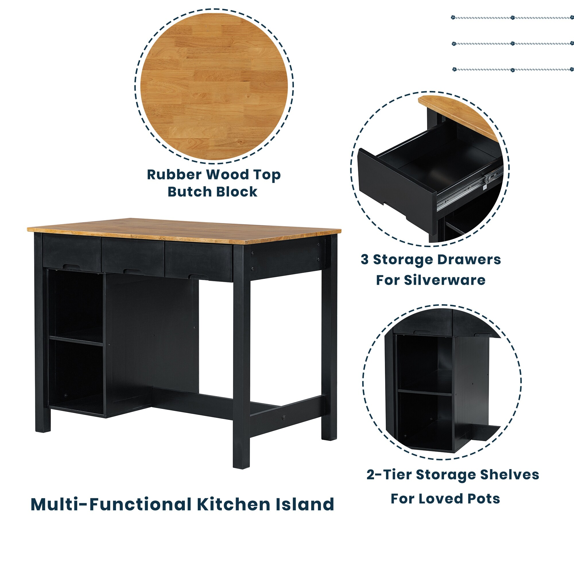 3-piece 45 Stationary Rubber Wood Kitchen Island Set With 2 Seatings