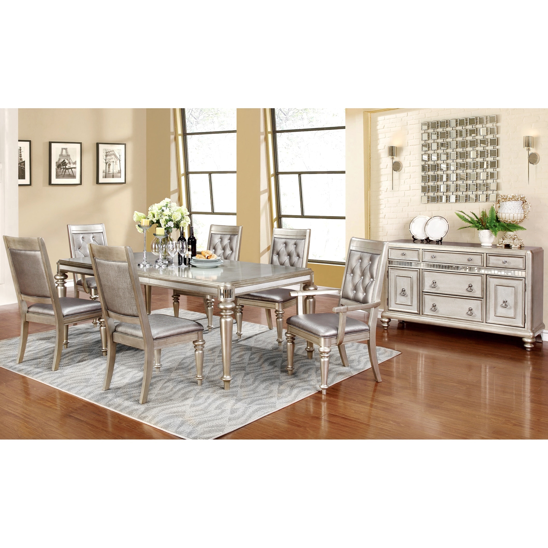 Metallic Platinum Wood Dining Set With Tufted Chairs And Buffet Server