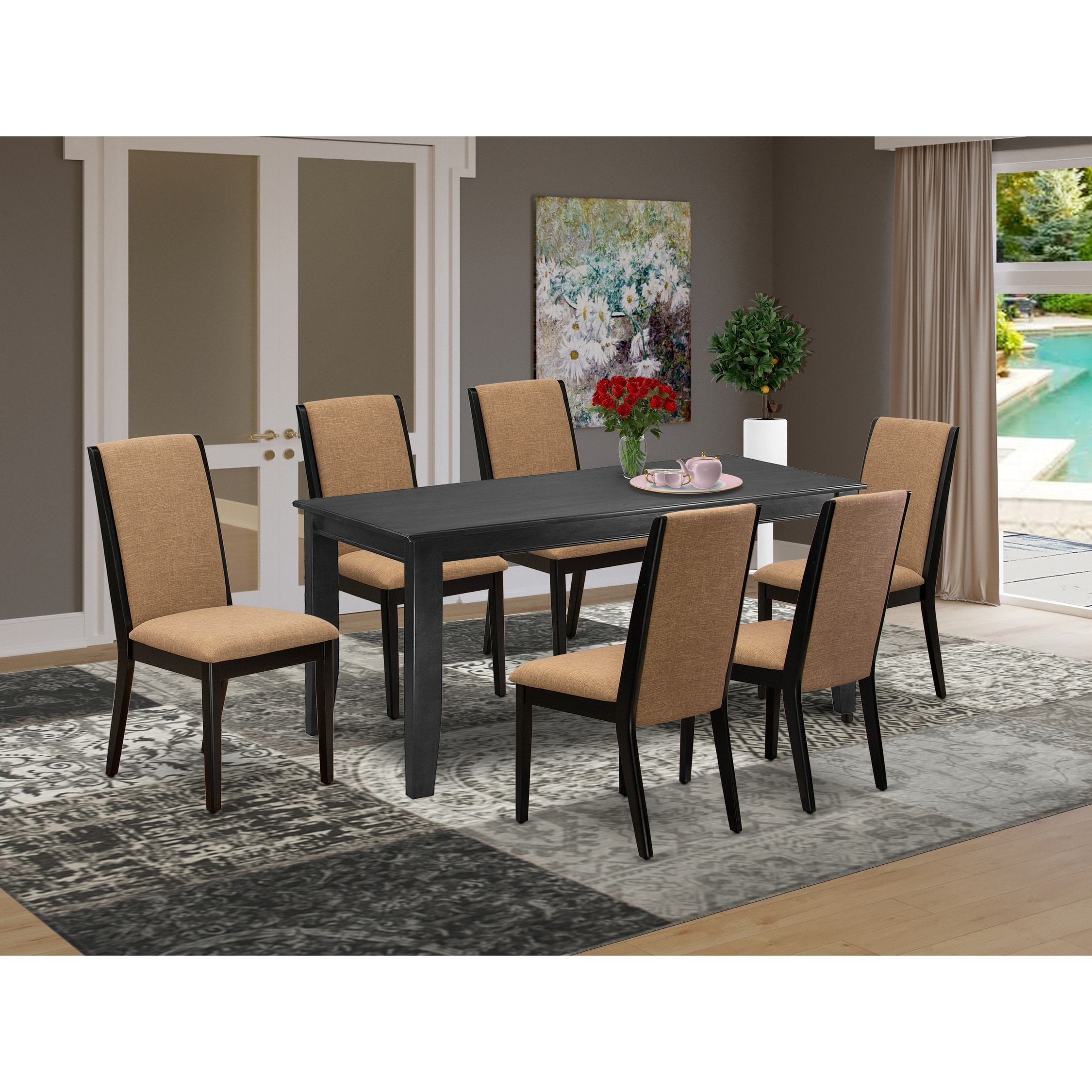 East West Furniture 7 Piece Dining Room Table Set- A Kitchen Table And 6 Linen Fabric Dining Chairs  (finish Options)